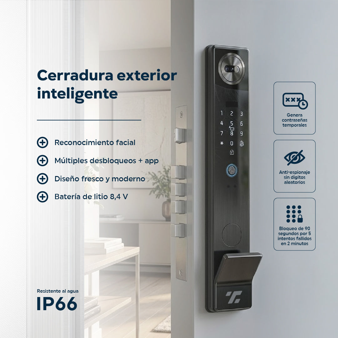 Cerradura Premium Inteligente Exterior 6 en 1 con Huella, Reconocimiento Facial y más