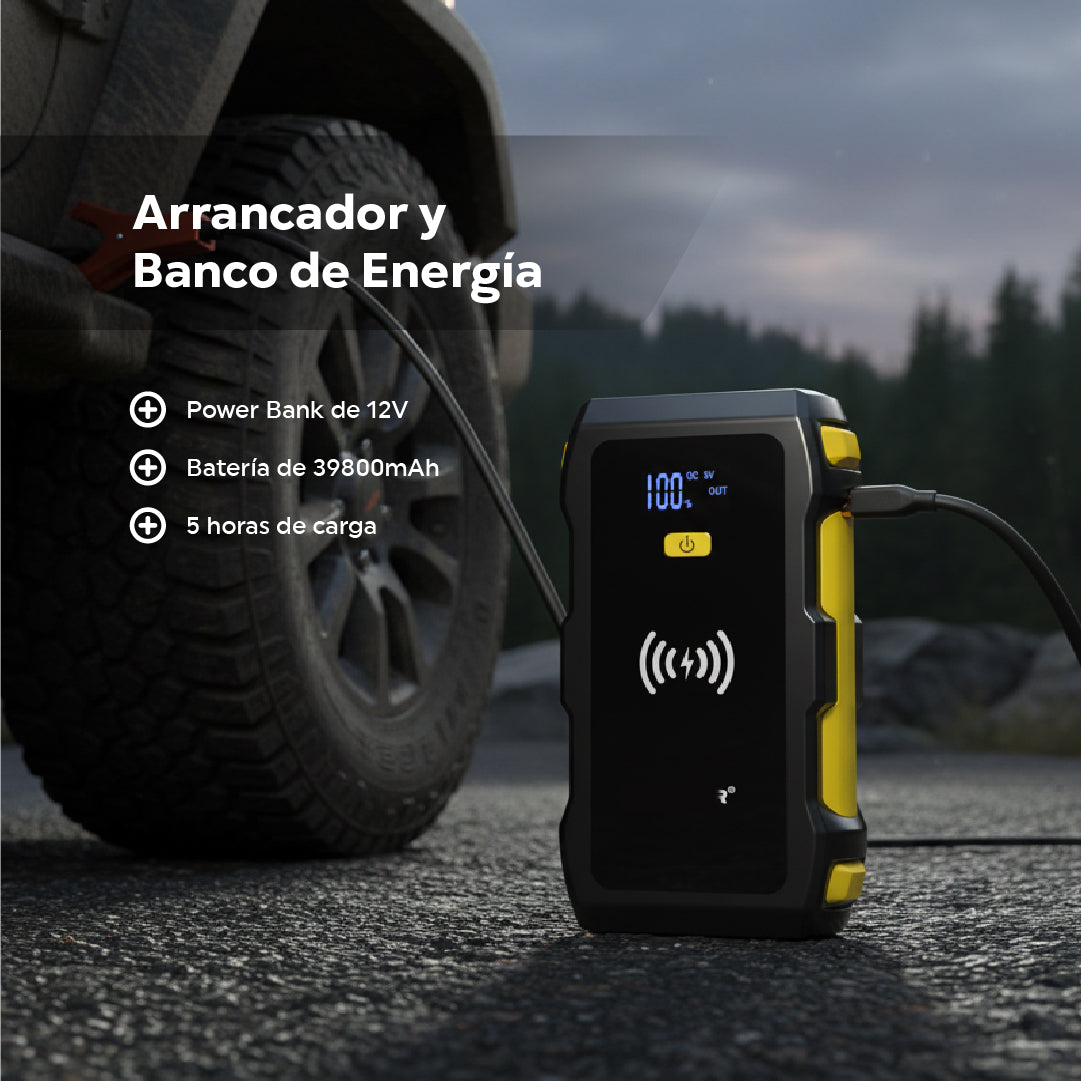 Arrancador de Autos y Motos 39800mAh – Power Bank con Carga Inalámbrica y Protección Avanzada