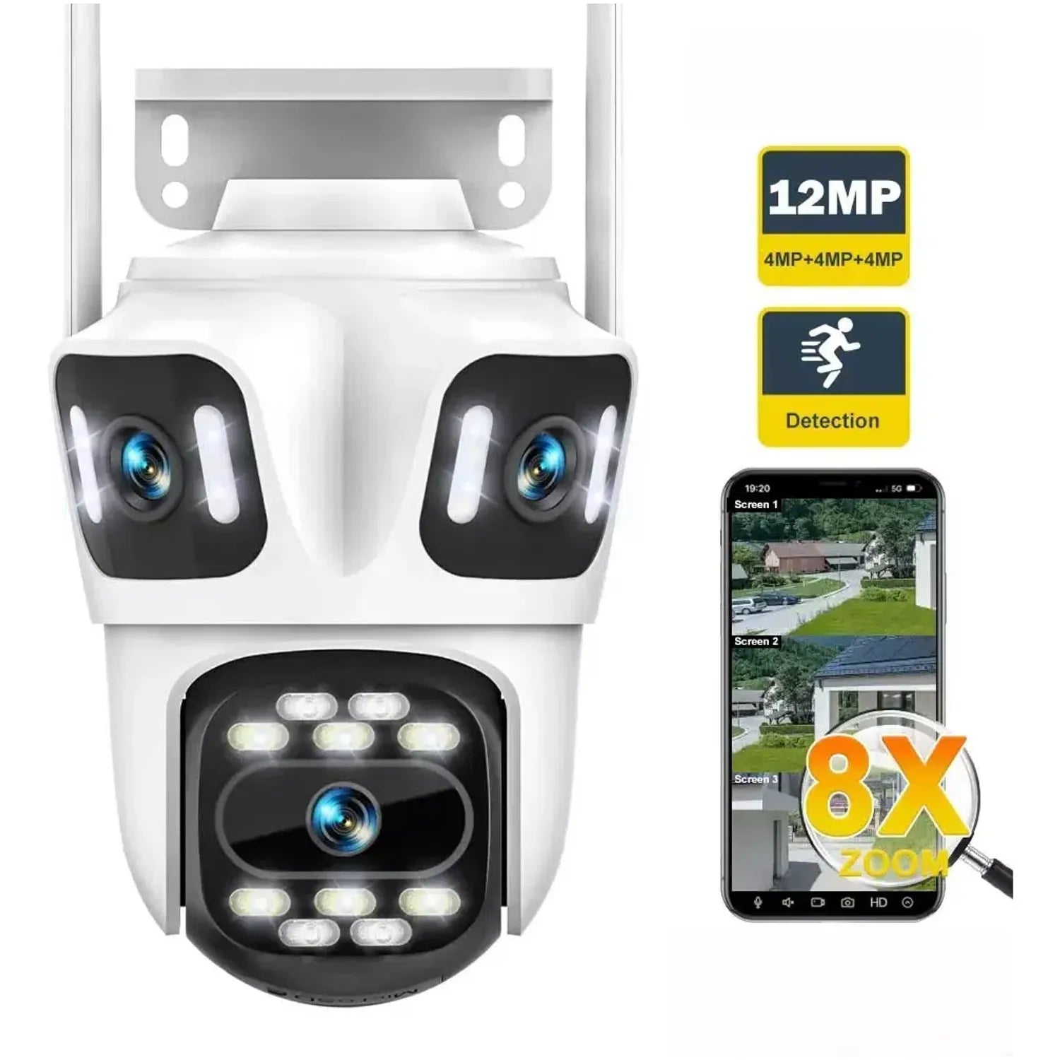 Cámara de Seguridad IP Triple Lente Exterior Ultra HD Wifi 360 Zoom