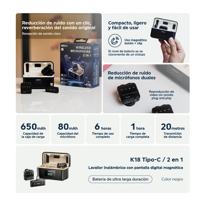 Micrófono Inalámbrico de Solapa 2 en 1 c/Display
