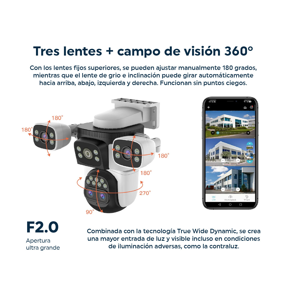 Cámara de Seguridad 3 Lentes Zoom Optico 4K Visión Nocturna Graba Placas