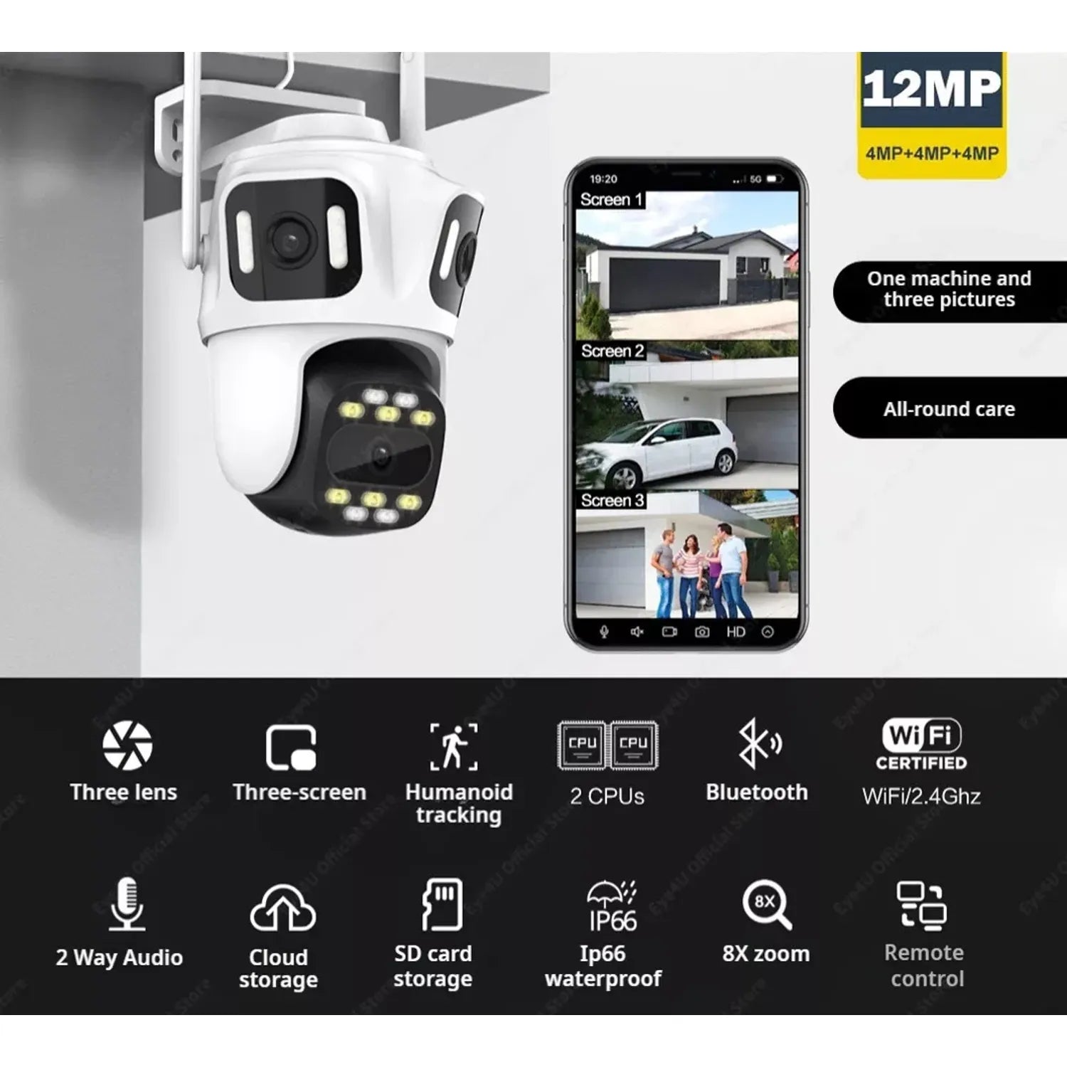 Cámara de Seguridad IP Triple Lente Exterior Ultra HD Wifi 360 Zoom