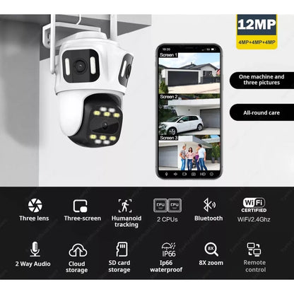 Cámara de Seguridad IP Triple Lente Exterior Ultra HD Wifi 360 Zoom