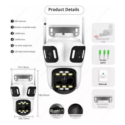 Cámara de Seguridad IP Triple Lente Exterior Ultra HD Wifi 360 Zoom